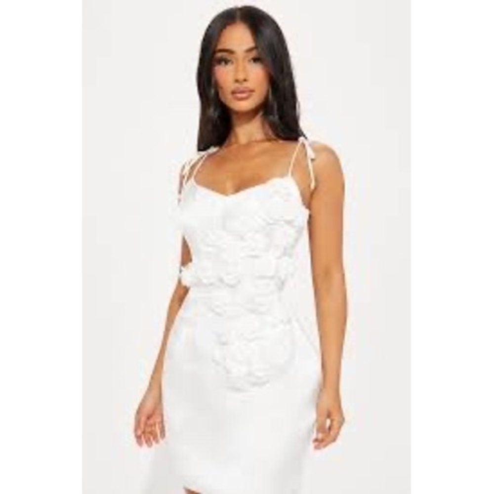 Fashion Nova Sweet Nothings Satin Mini Dress Women L White NWT 3D Floral Flower